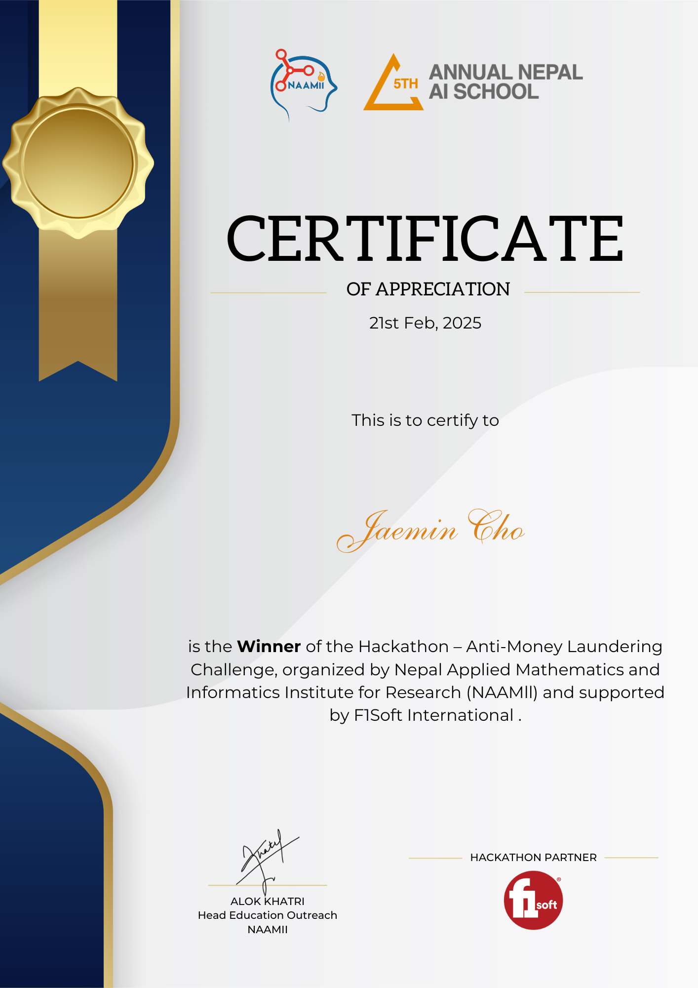 Annual Nepal AI School hackathon certificate