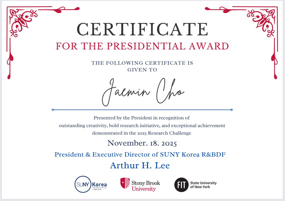 President's Award certificate from SUNY Korea